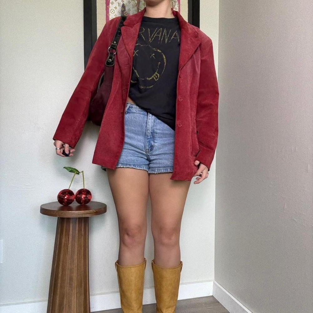 cherry leather suede trendy modeloffduty fall holiday
